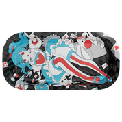 Black tray with warped checkerboard background and scattered playing cards in red and blue suits
