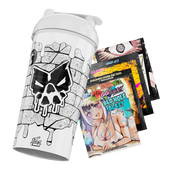 White shaker cup with black graffiti-style brick wall and dripping paint design around a stylized "G" logo.