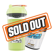 Light green shaker cup with anime green-haired android and black tub with dinosaur and cavemen art