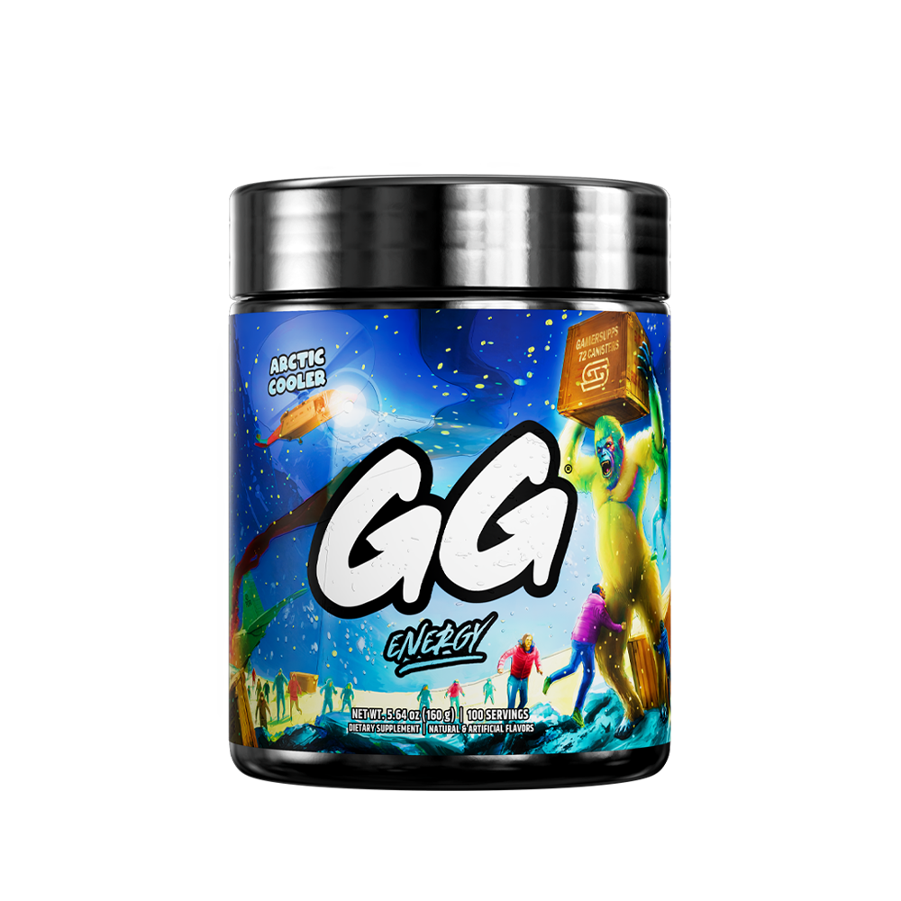 Black container with a detailed white nutrition label and blue accents for Arctic Cooler supplement powder
