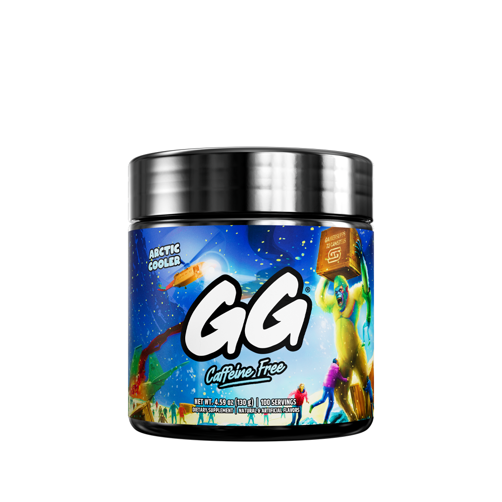 Black container with a blue and white label featuring supplement facts and mixing instructions in black text