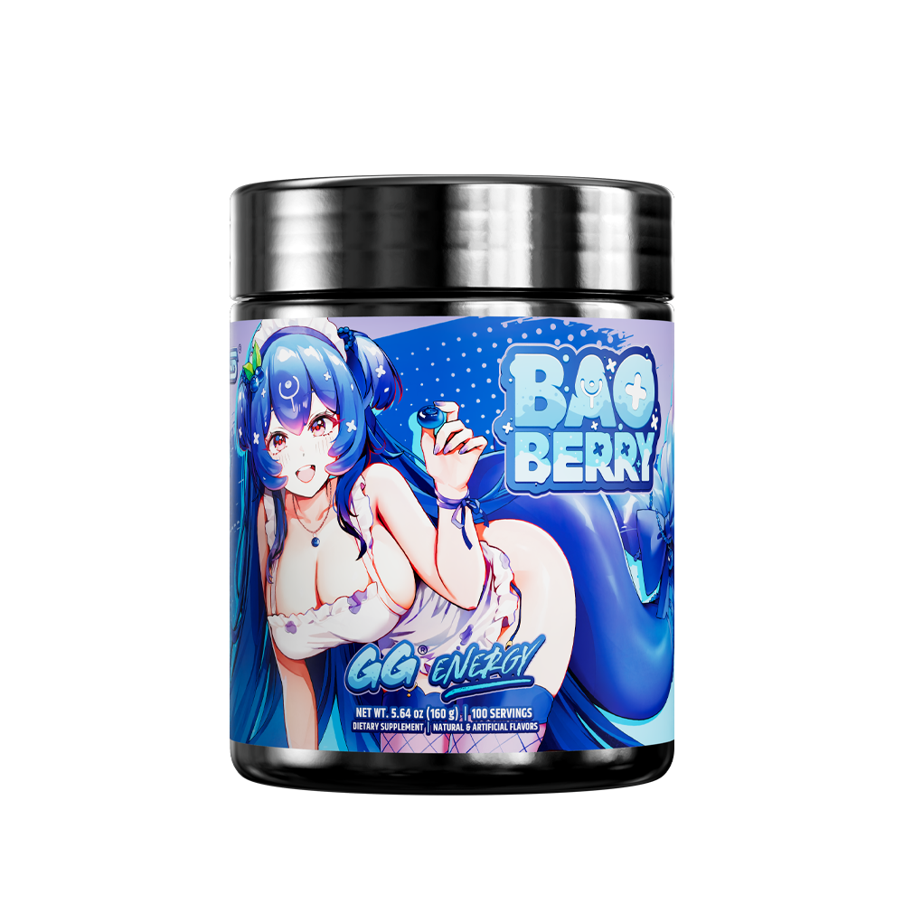 Black supplement jar with a blue label showing detailed nutritional facts and usage instructions on the back.