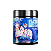 Black supplement jar with a blue label showing detailed nutritional facts and usage instructions on the back.
