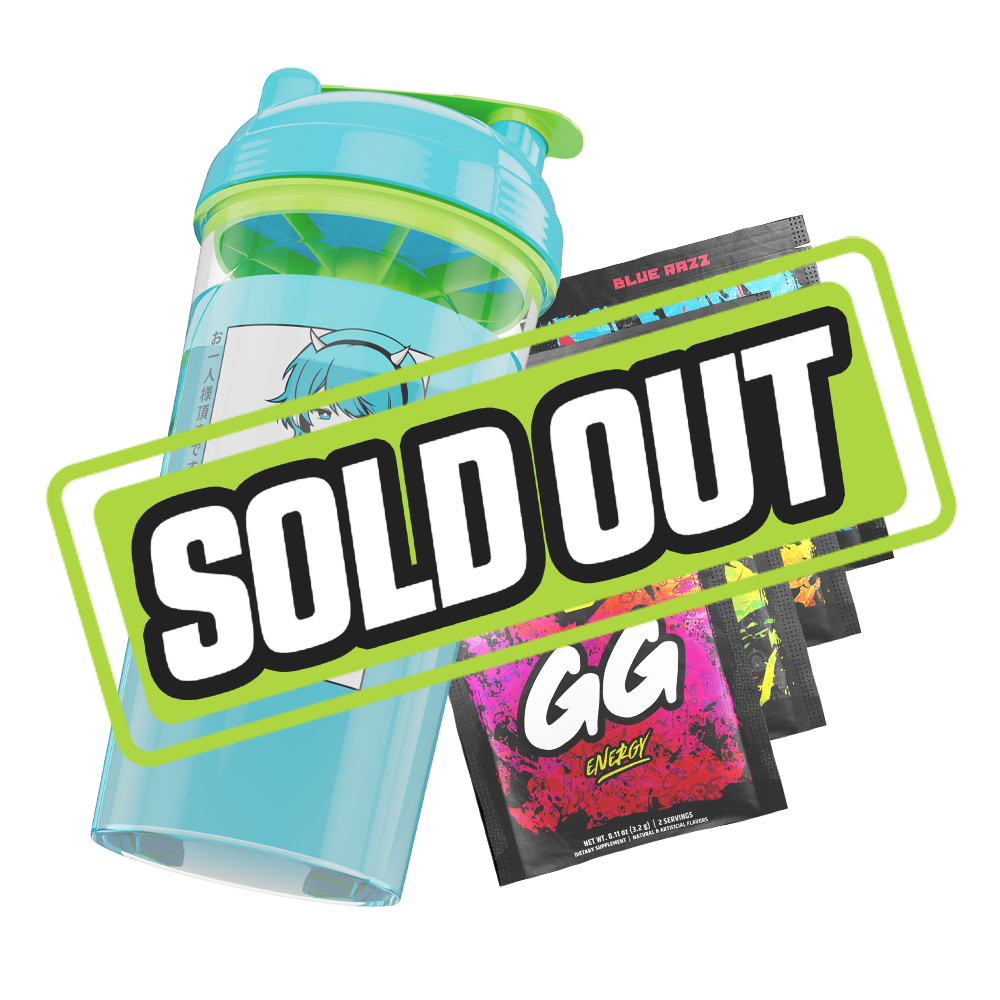 Clear shaker bottle with bright blue lid, green flip cap, and black stylized logo on the side.