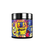 Blue supplement container with colorful cartoon faces and a black lid showing supplement facts and directions label.