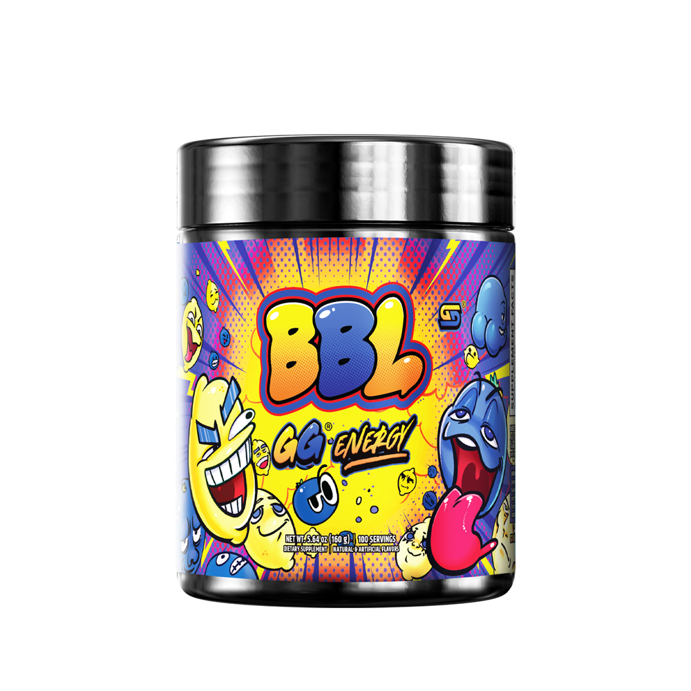 Black container with colorful cartoon characters and detailed supplement facts on a blue label background