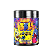 Black container with colorful cartoon characters and detailed supplement facts on a blue label background