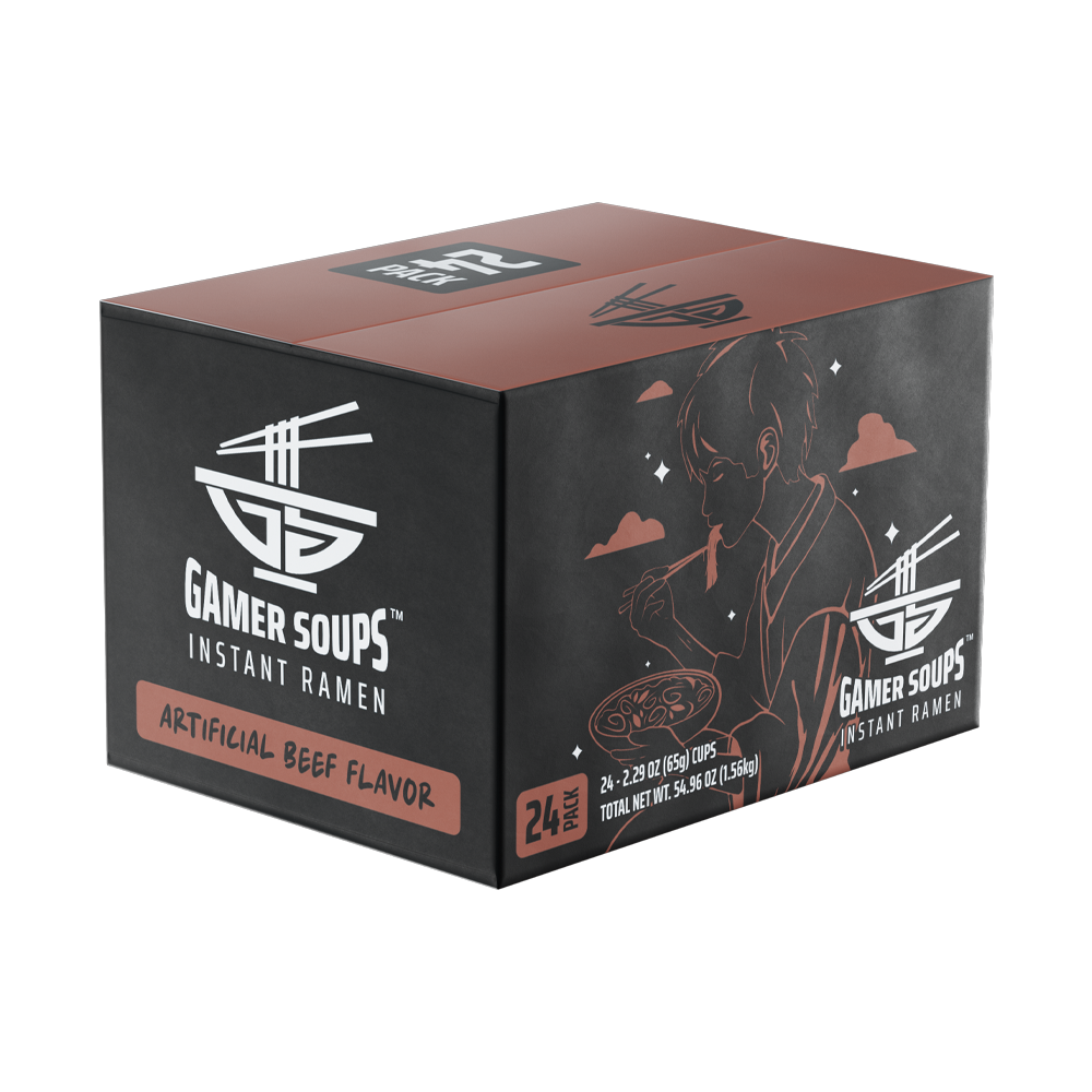 Black and brown label with white chopsticks over bowl logo and text "Gamer Soups Instant Noodles Artificial Beef Flavor"