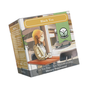 Supplement facts label on a tea package showing black tea leaf, barcode, and contact info on a brown background.
