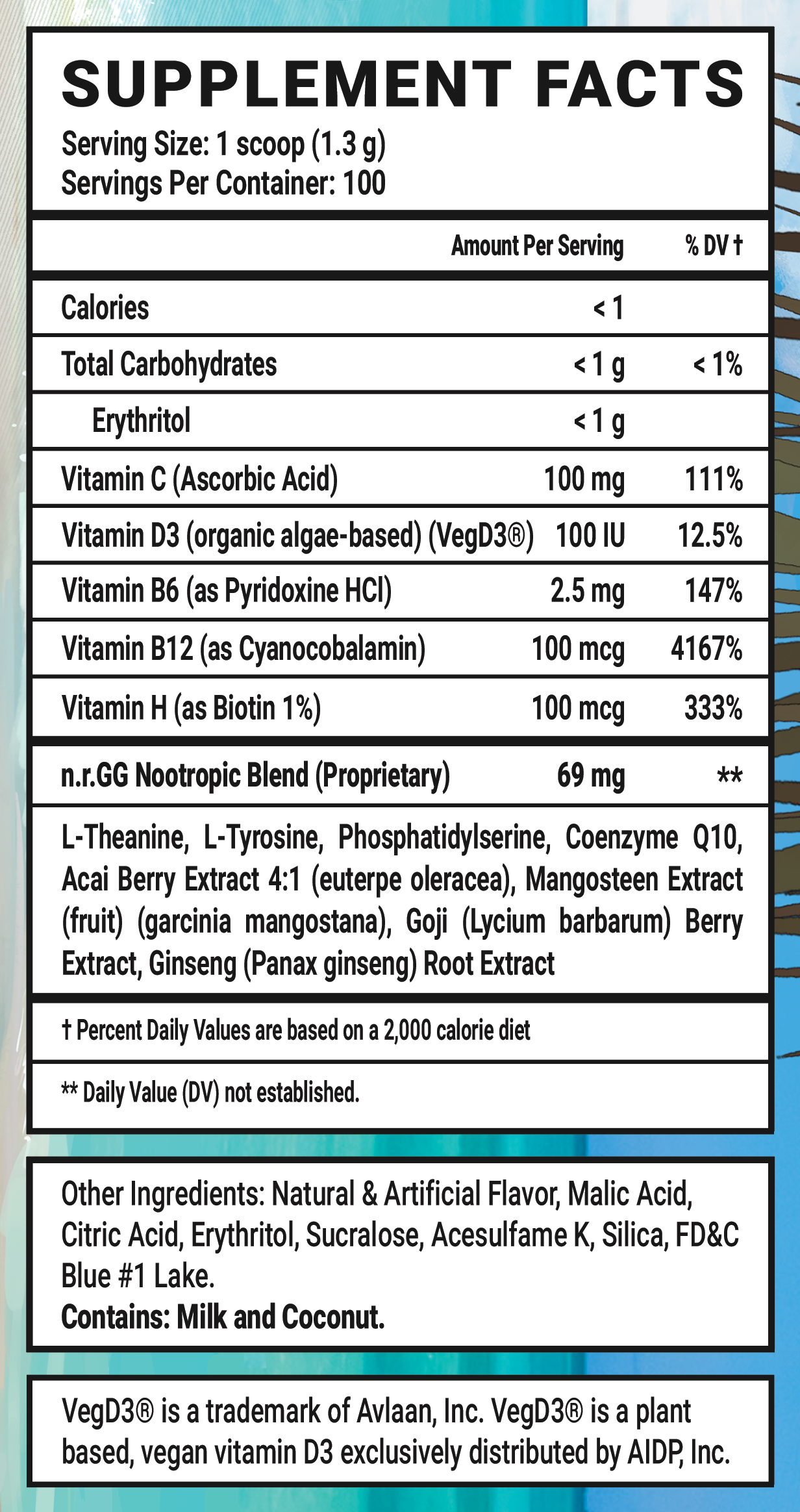 Blo'Hole Blast Caffeine Free - 100 Servings Nutrition Chart