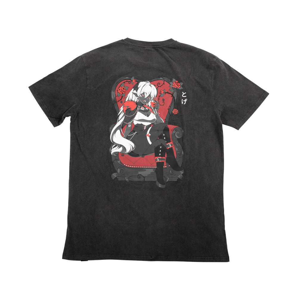 Black oversized t-shirt with a small white and red graphic of a rose and abstract design on the left chest.