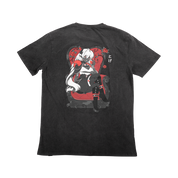 Black oversized t-shirt with a small white and red graphic of a rose and abstract design on the left chest.