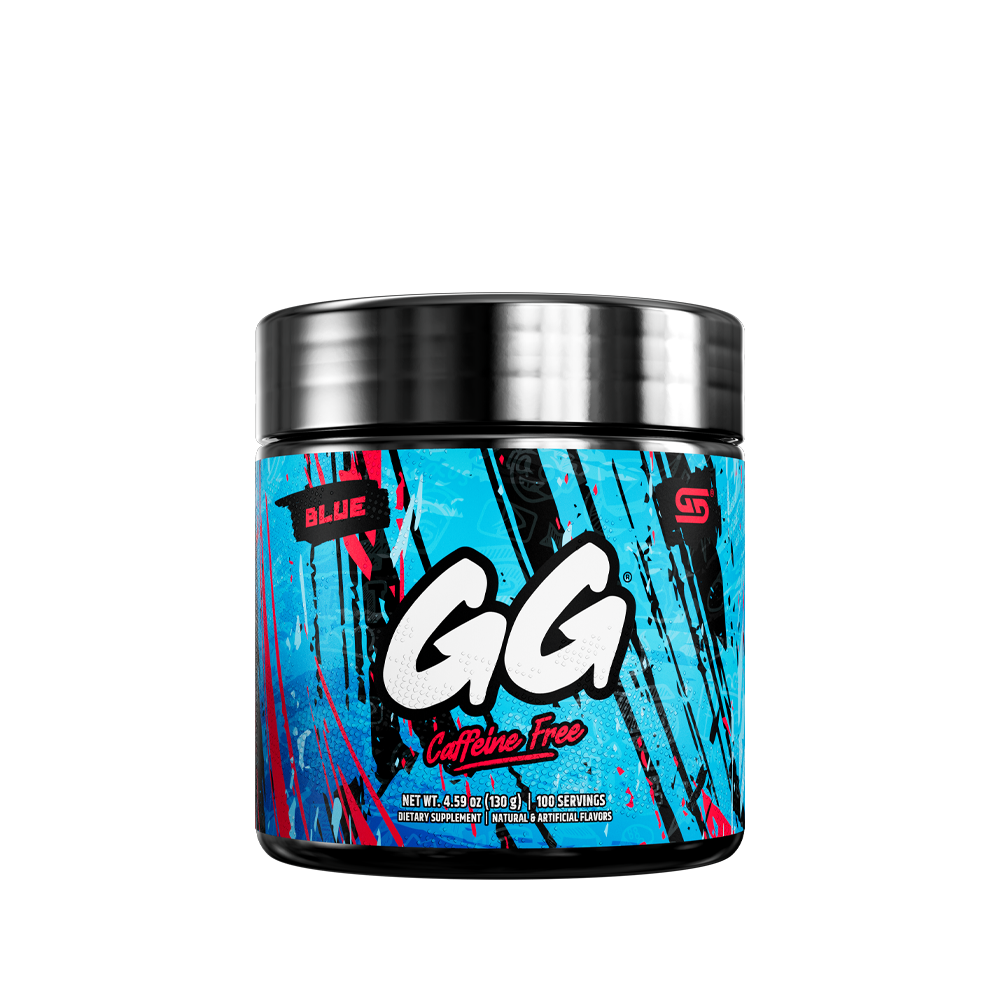 Black container with a blue and red graffiti-style label showing supplement facts and usage instructions.