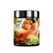 Black container with colorful label showing supplement facts, directions, warnings, and social media icons at the bottom