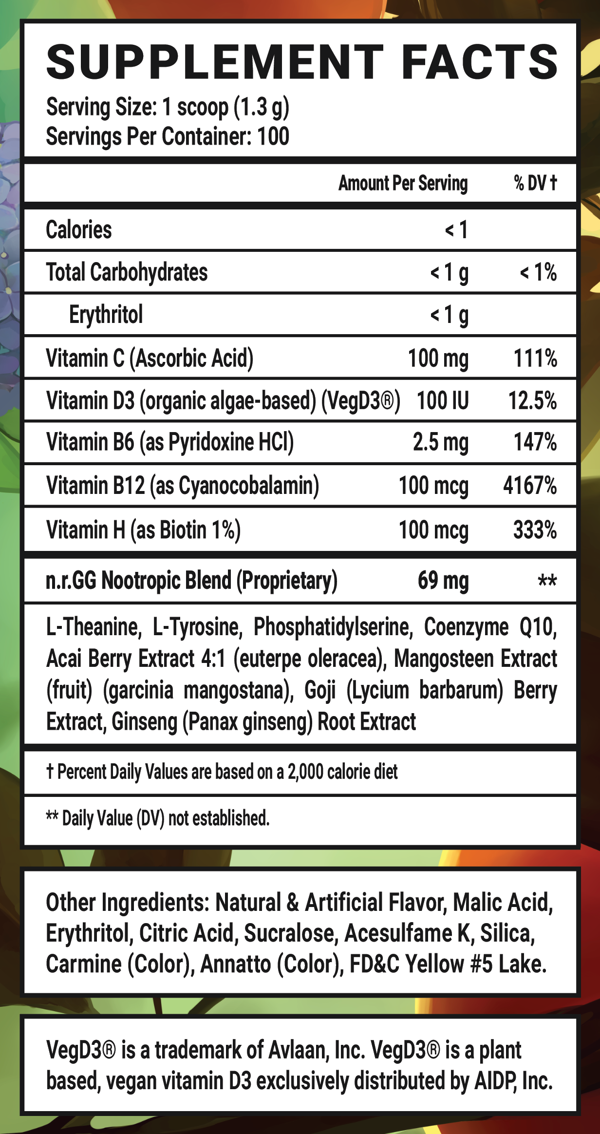 Brand Risk Caffeine Free - 100 Servings Nutrition Chart