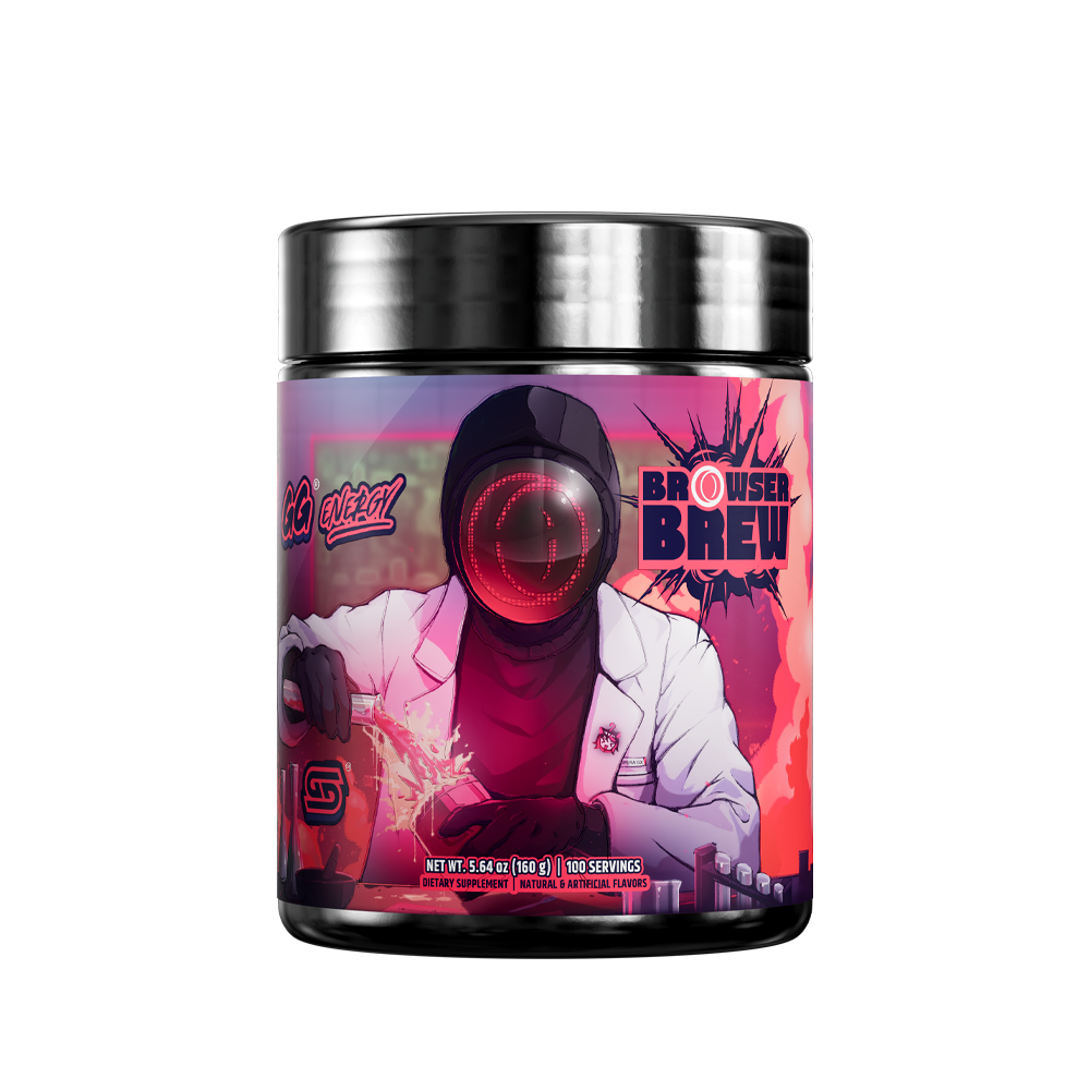 Black supplement container with detailed white nutrition facts and red and purple label accents from Gamer Supps.