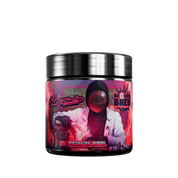 Round black container with a silver lid and detailed supplement facts and directions on a pink and purple label wrap.