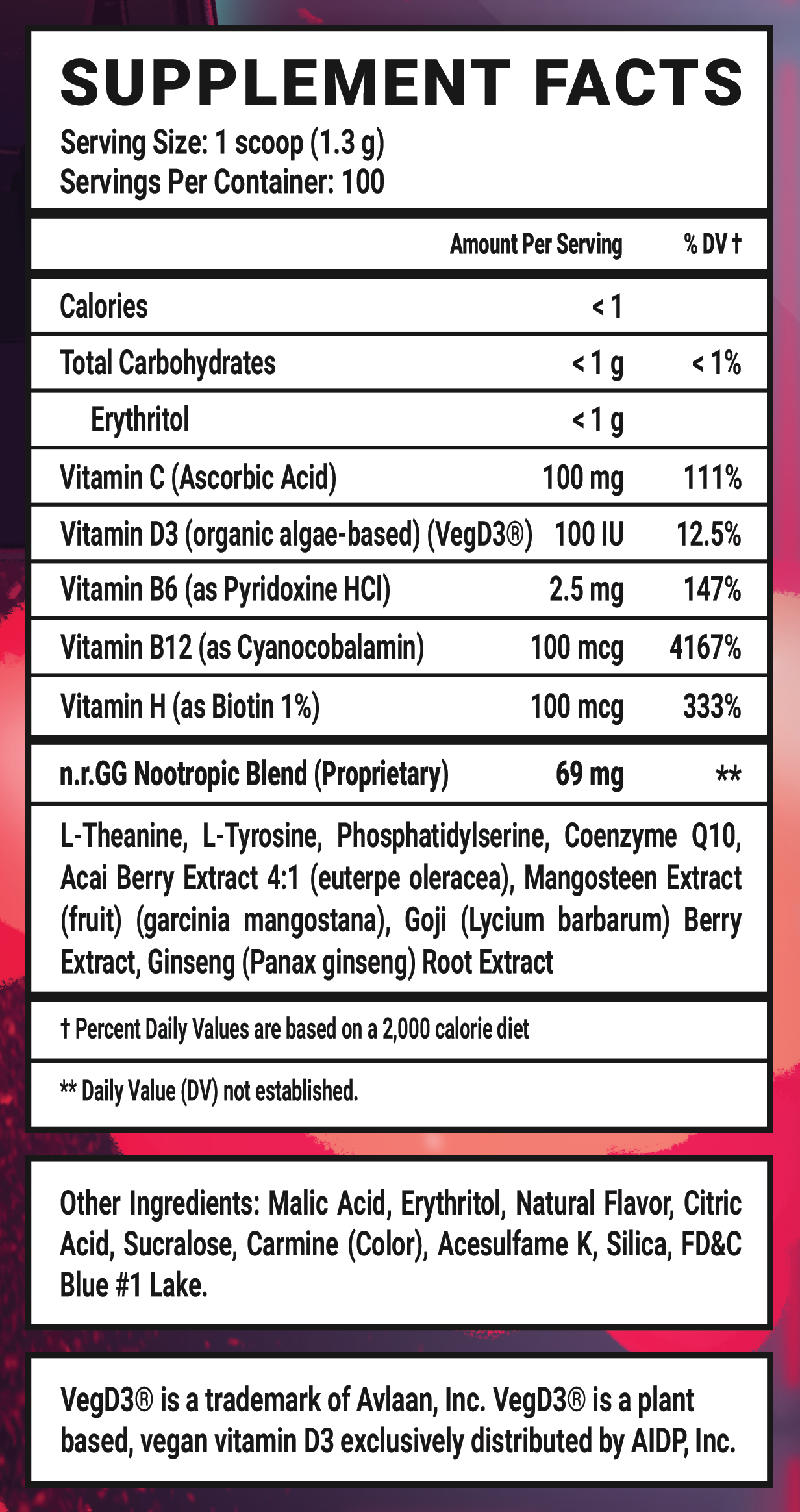 Browser Brew GG by Opera GX Caffeine Free - 100 Servings Nutrition Chart