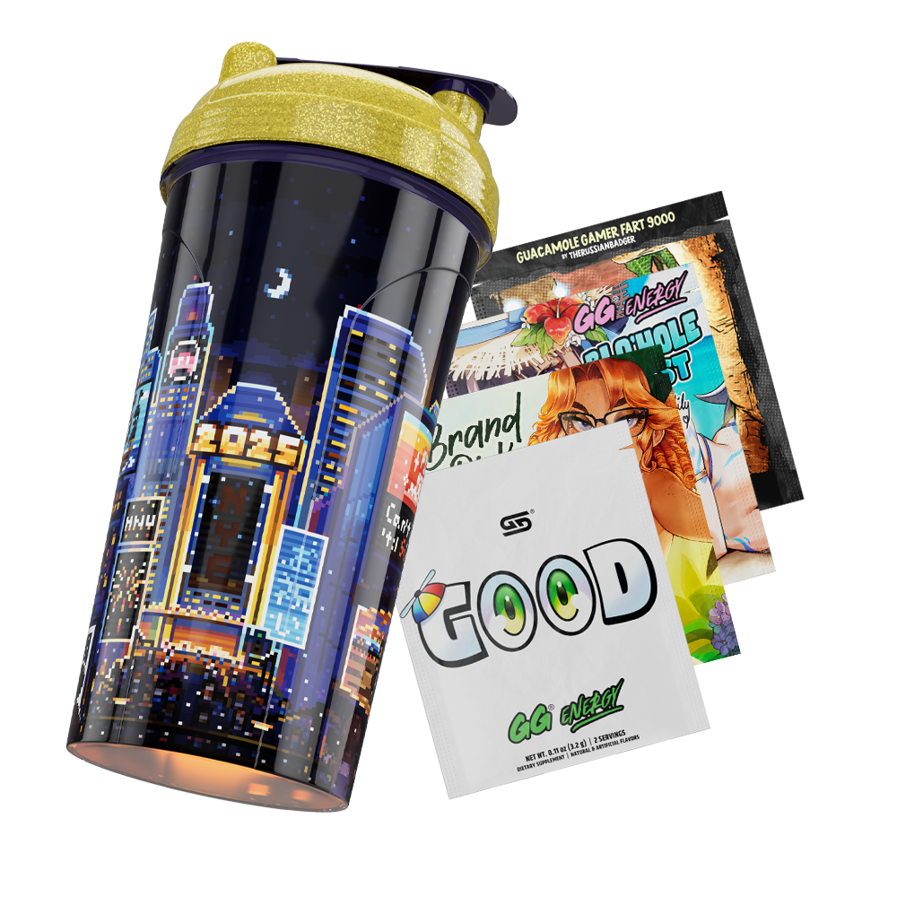 Black shaker cup with pixel art cityscape and yellow glitter lid featuring "Can't wait 'til Summer" text and sunset scene.
