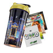 Black shaker cup with pixel art cityscape and yellow glitter lid featuring "Can't wait 'til Summer" text and sunset scene.