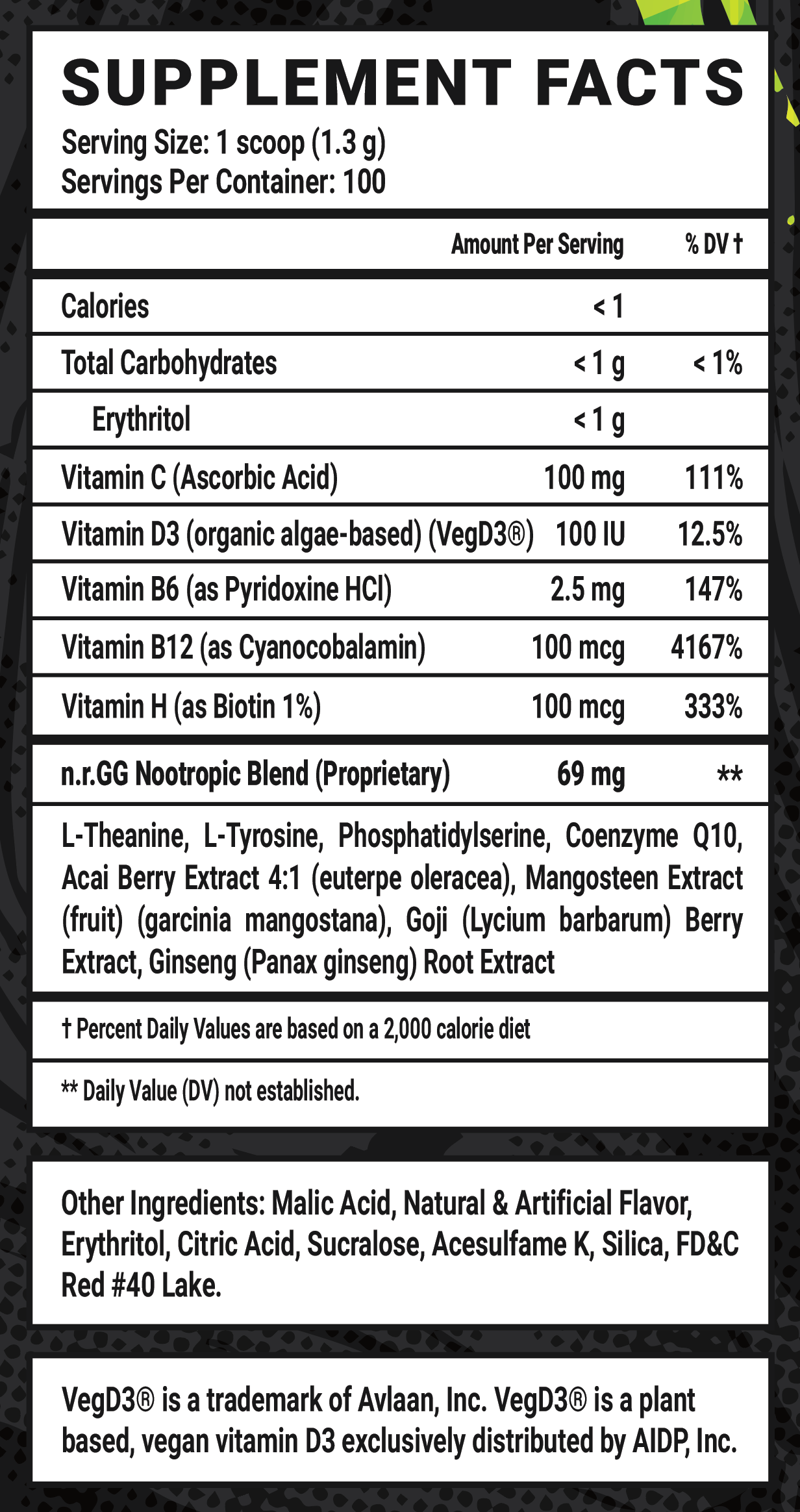 Cherry Limecicle Caffeine Free - 100 Servings Nutrition Chart