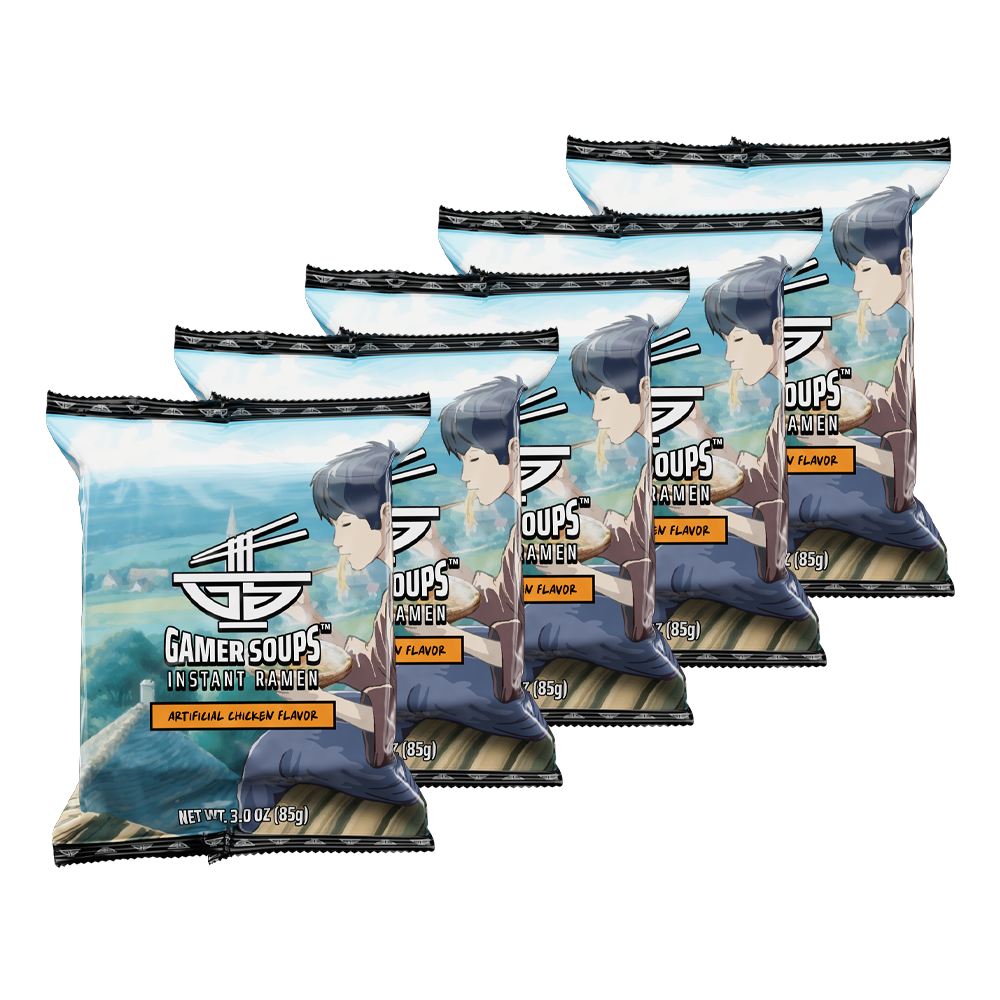 Blue package of Gamer Soups Instant Ramen with a cartoon boy eating noodles and black and orange text accents.