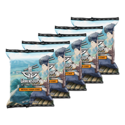 Blue package of Gamer Soups Instant Ramen with a cartoon boy eating noodles and black and orange text accents.