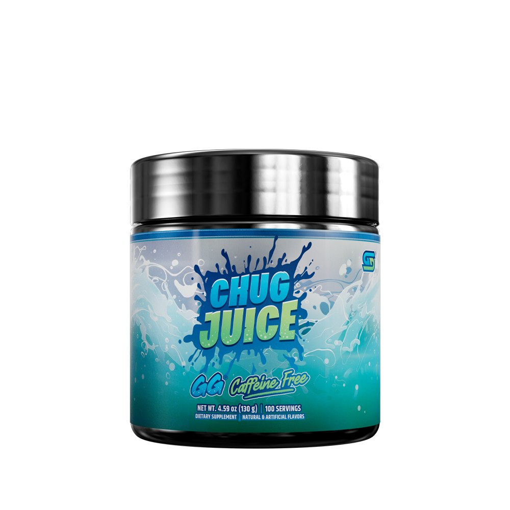 Blue and black container with detailed supplement facts and usage instructions on the back label of Chug Juice GG.