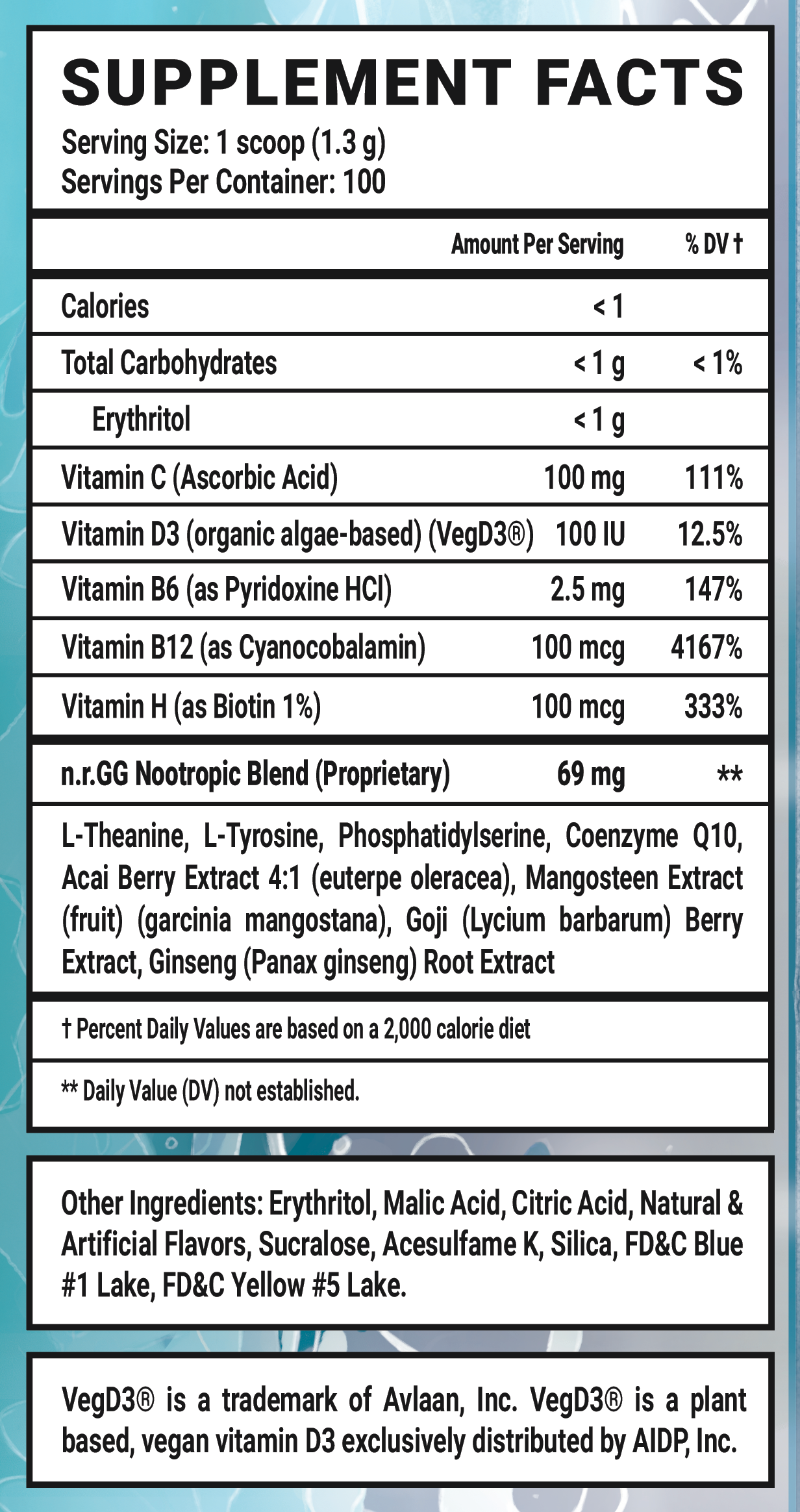 Chug Juice GG by LazarBeam Caffeine Free - 100 Servings Nutrition Chart