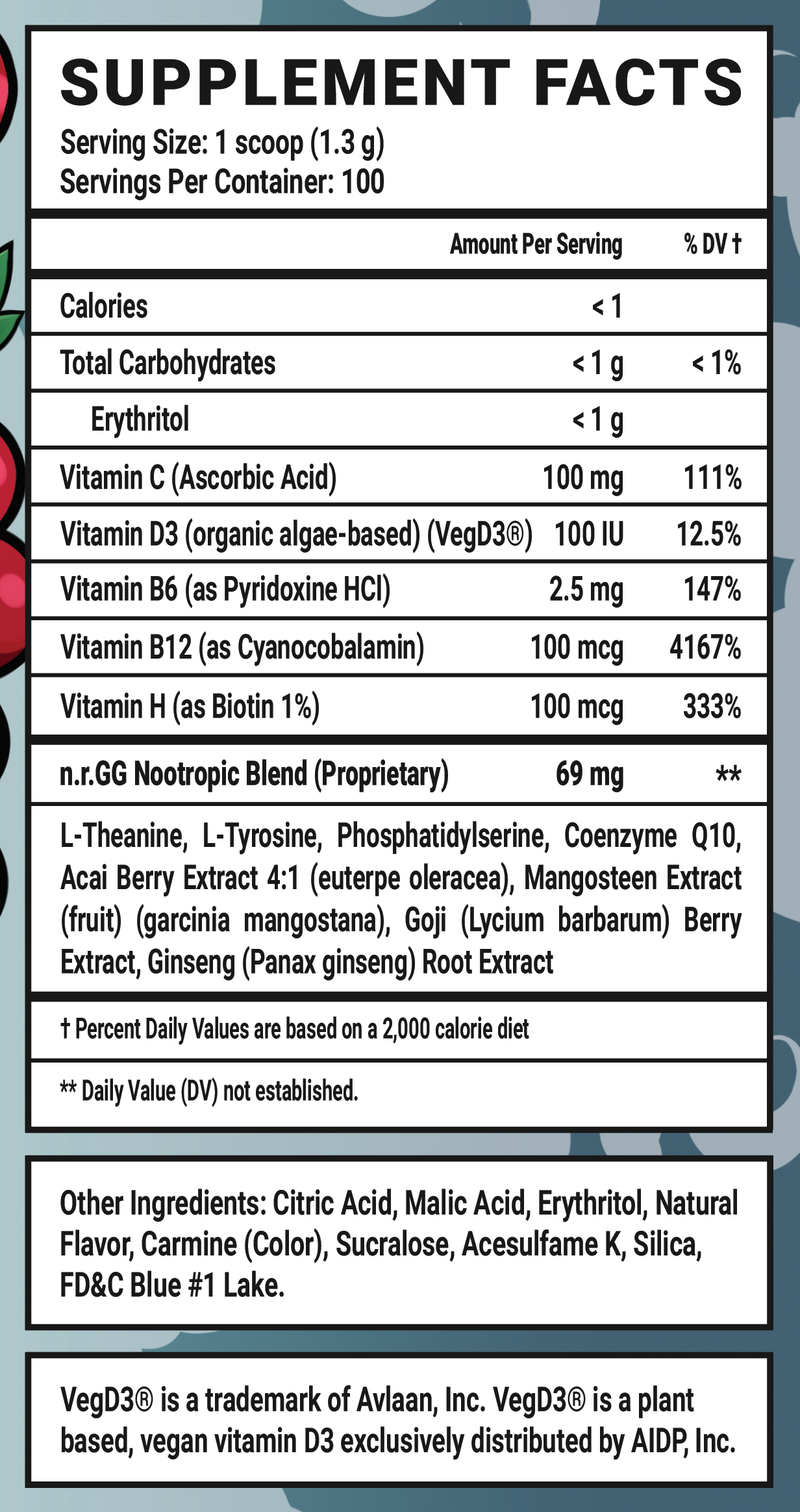Copium Caffeine Free - 100 Servings Nutrition Chart