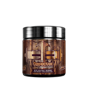 Dark brown supplement container with silver lid showing detailed nutrition facts and directions label