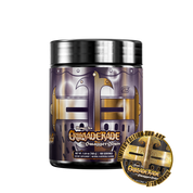 Black container with detailed white supplement facts and directions label, featuring gold and white text accents.