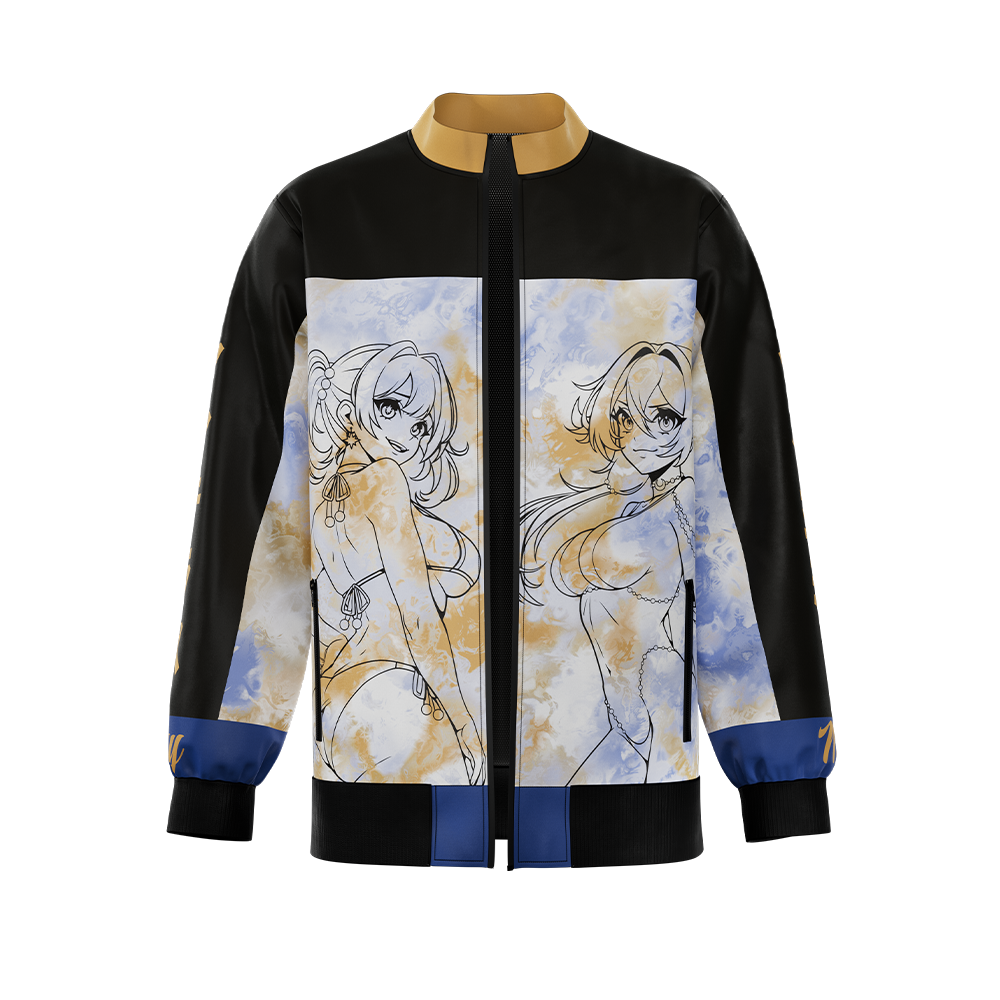 Black, blue, and gold bomber jacket with sun and moon phases design across the back and "Waifu Cups" text at the collar.