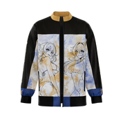 Black, blue, and gold bomber jacket with sun and moon phases design across the back and "Waifu Cups" text at the collar.