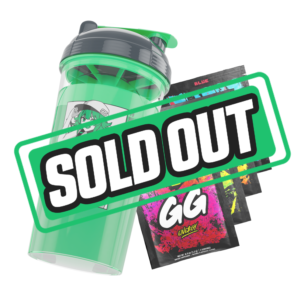 Clear shaker bottle with black and green lid and a bold black logo on the side