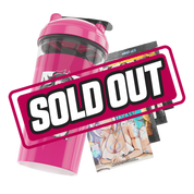 Clear plastic shaker bottle with a bright pink lid and black and white stylized logo on the side