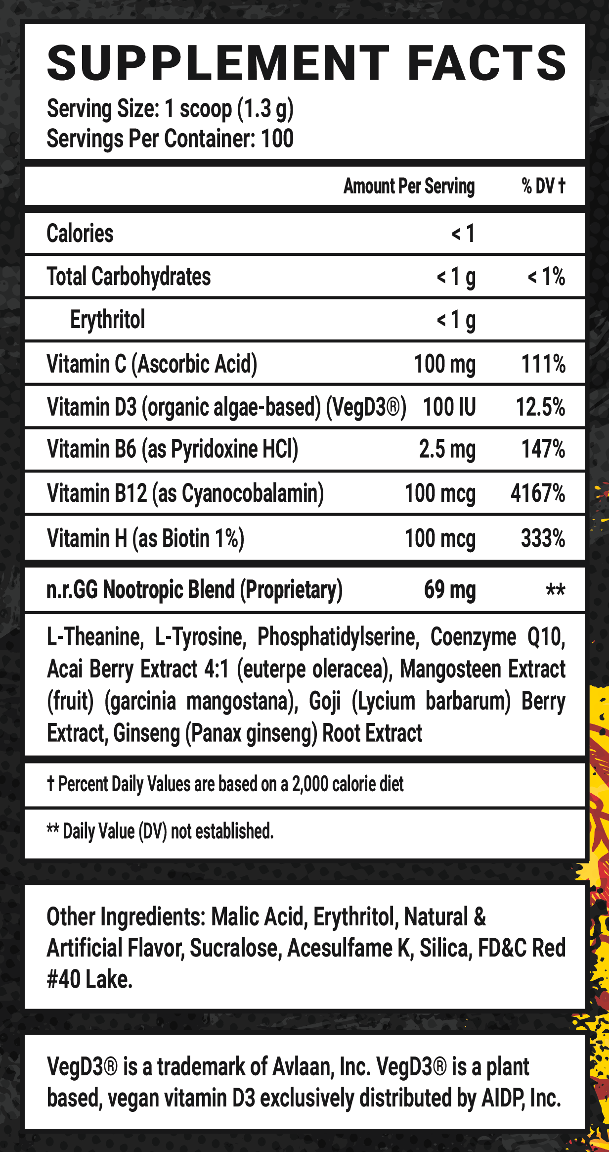 Dragonfruit Punch Caffeine Free - 100 Servings Nutrition Chart