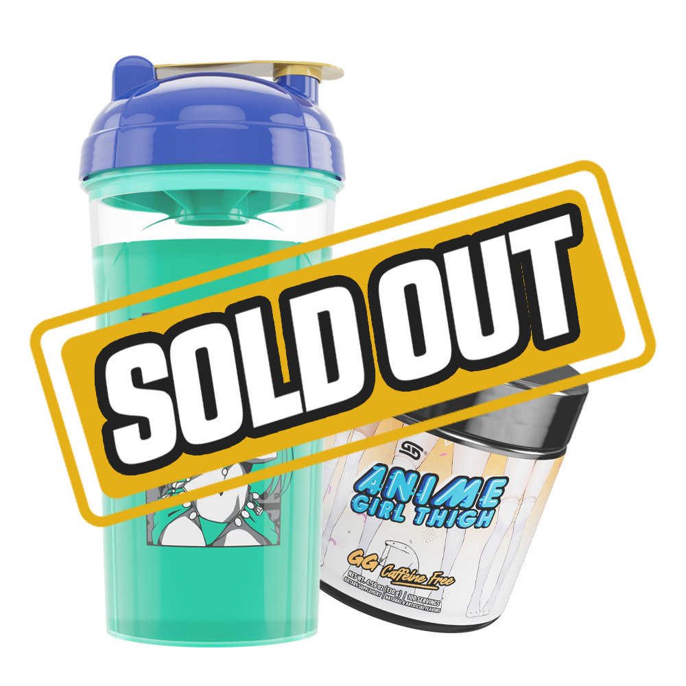 Transparent turquoise shaker with blue lid featuring a green-haired anime character in Egyptian attire next to a red GG tub.
