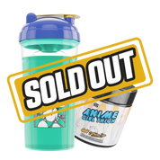 Transparent turquoise shaker with blue lid featuring a green-haired anime character in Egyptian attire next to a red GG tub.