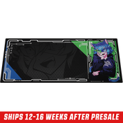 Rectangular mouse pad with anime character in blue hair and cat ears wearing glasses on black background.
