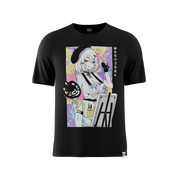 Black shirt with colorful anime-style artwork of a girl with a long braid and beret painting on a canvas on the back.