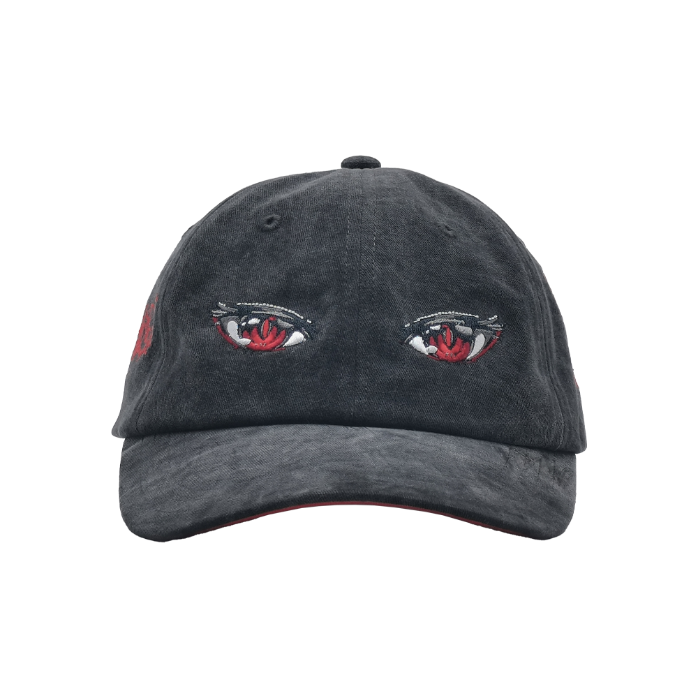 Dark gray baseball cap with embroidered red rose and a detailed eye design on the front panel.