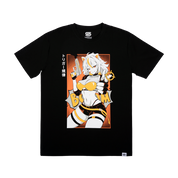 Anime cat-girl with white hair and yellow highlights holding a gun and giving a thumbs-up on black shirt.