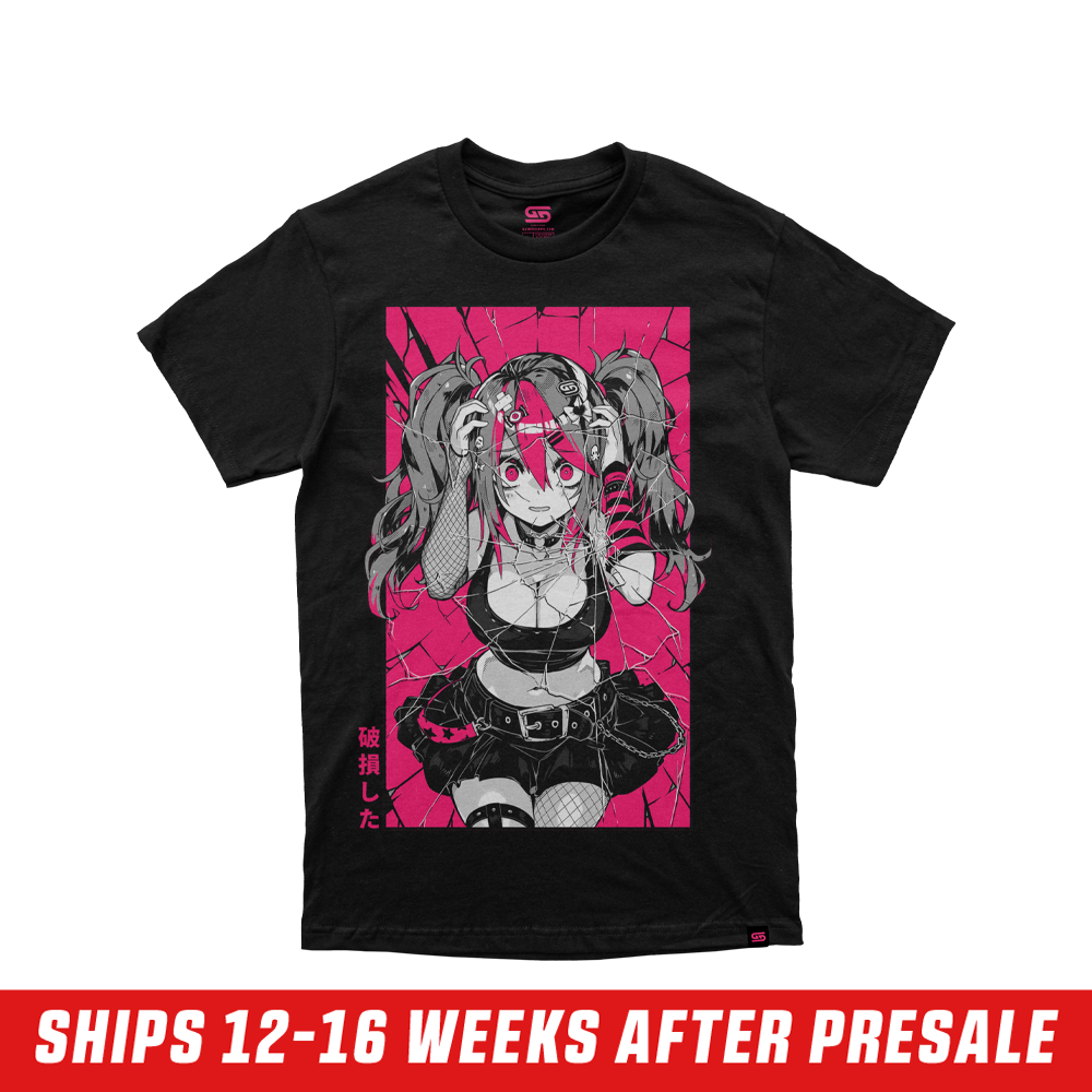 Black shirt with a pink rectangular background featuring a distressed anime girl with twin tails and fishnet sleeves.