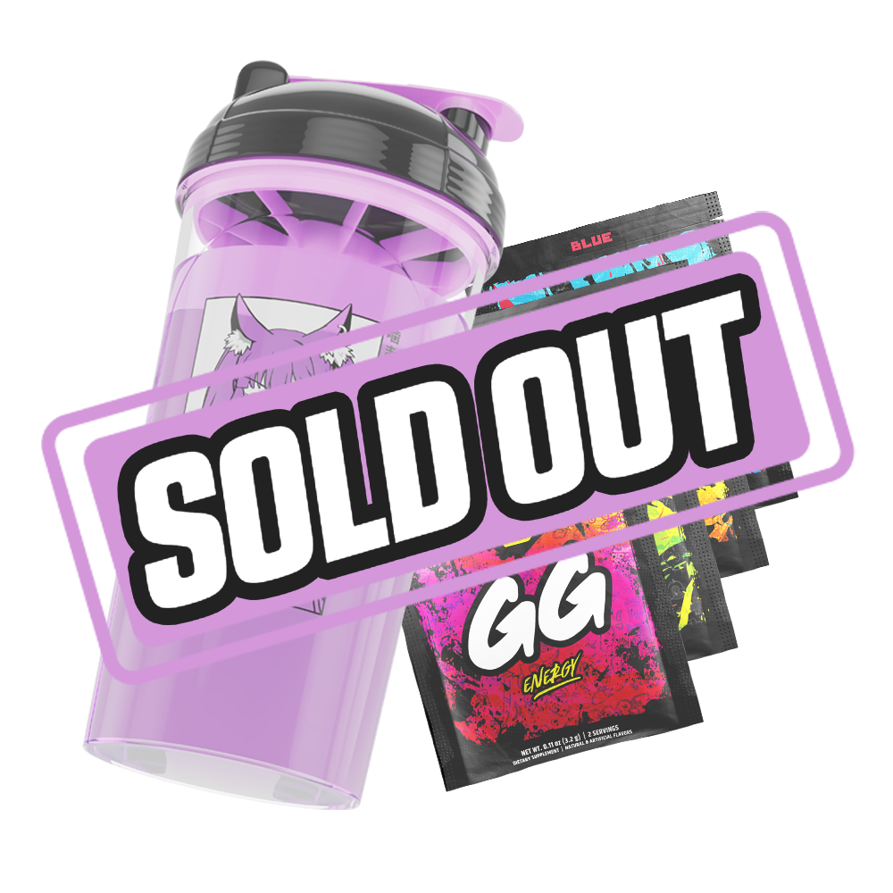 Clear shaker bottle with black and purple lid featuring cat ear shapes and a black logo on the side