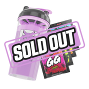 Clear shaker bottle with black and purple lid featuring cat ear shapes and a black logo on the side