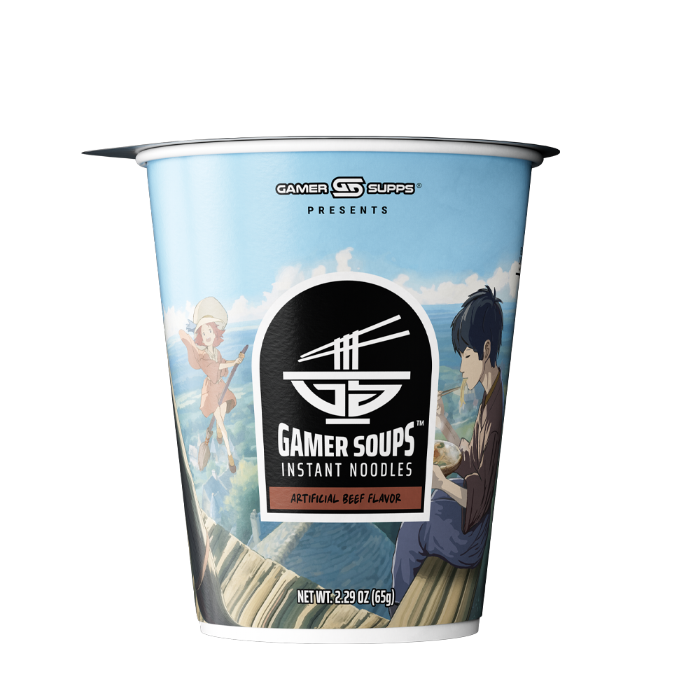 Blue instant noodle cup with nutrition facts and illustrated cooking instructions on the side panel.