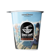 Blue instant noodle cup with nutrition facts and illustrated cooking instructions on the side panel.