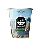 Blue instant noodle cup with nutrition facts and illustrated cooking instructions on the side