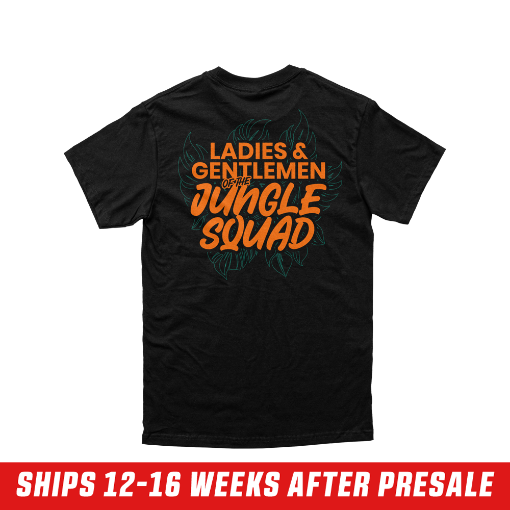 Black short-sleeve shirt with a small orange "G" and jungle leaf design on the left chest, size 6XL.
